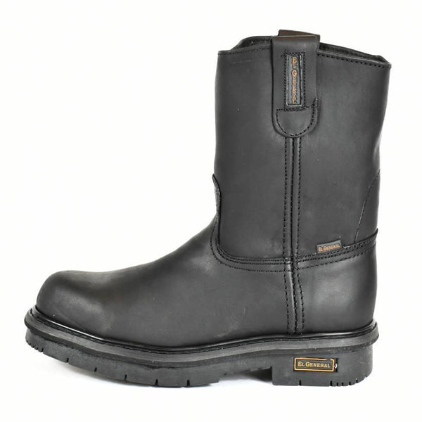 Black Leather Soft Toe Pull-On Work Boots -El General Wellington Boots 710-11 - BootSolution