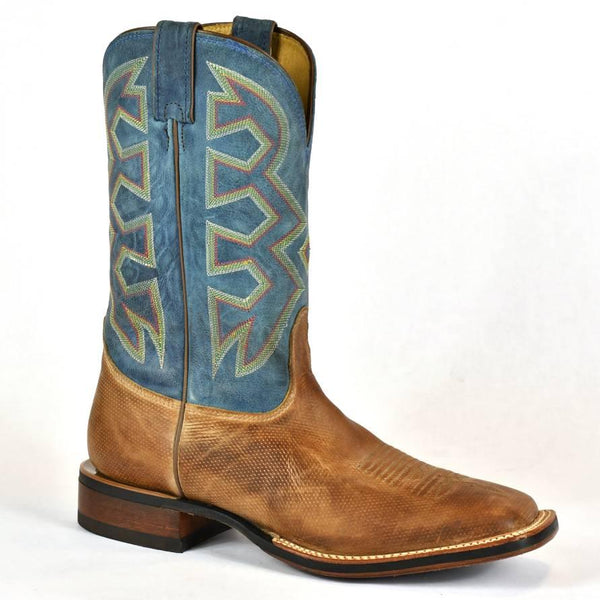 Nocona Men s Roper Cowboy Boot Blue Denim Shaft Tan Foot MD5301 Bootsolution